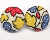 Button Earrings // Blue and Red Flowers // 7/8 in // 2.2 cm