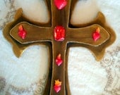 Sacred Heart Wooden Cross Handmade Hearts Altar Piece With Hanger