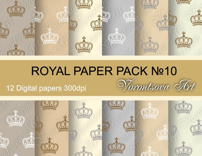 Gold white Crowns Victorian paper. Digital Paper Pack , set of 12 digital papers. Printable download. 502r
