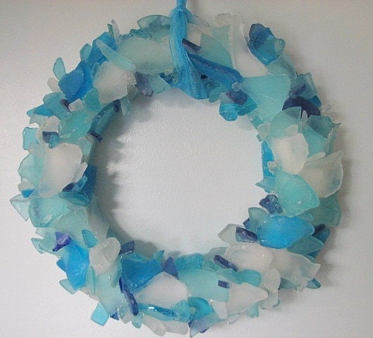 Sea Glass Beach Decor Wreath - Nautical Beach Glass Wreath in Aqua, Blue