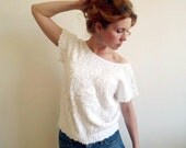 Vintage 80s Knit Pastel Shirt Embroidered White Floral AppliqueTop S