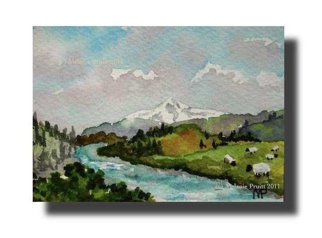 ACEO Mt. Hood Landscape Sheep ORIGINAL painting by Melanie