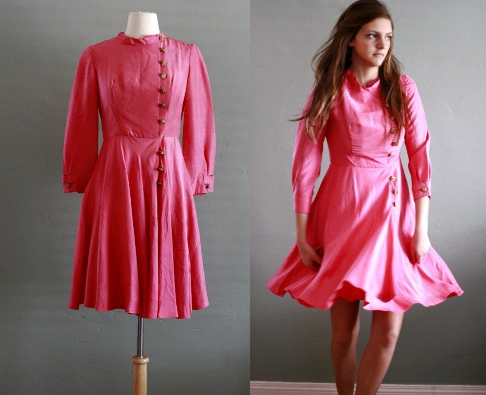 70s S Pink Silk Rosette Party DRESS