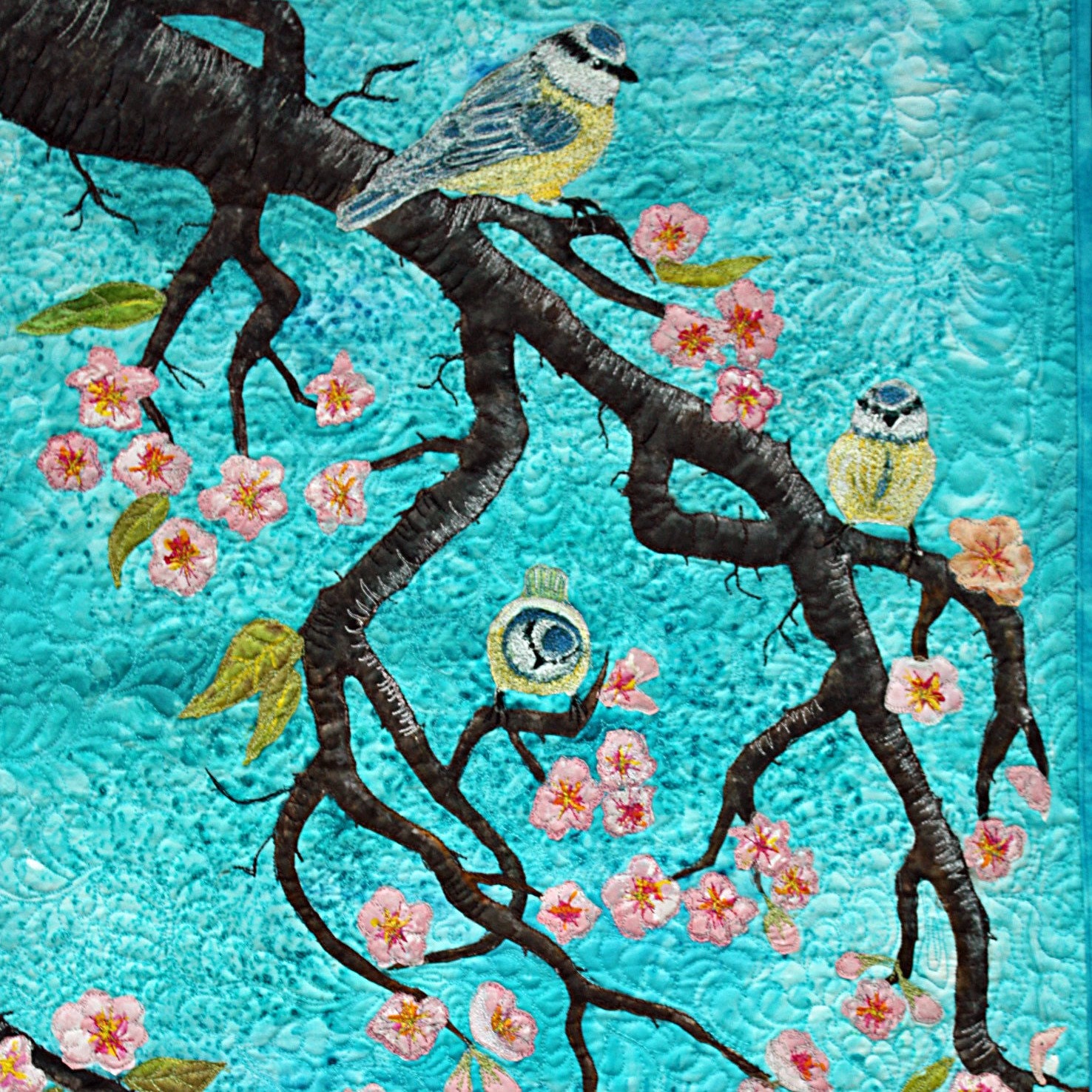 art quilt hand painted silk aplique yellow birds iand cherry blossoms
