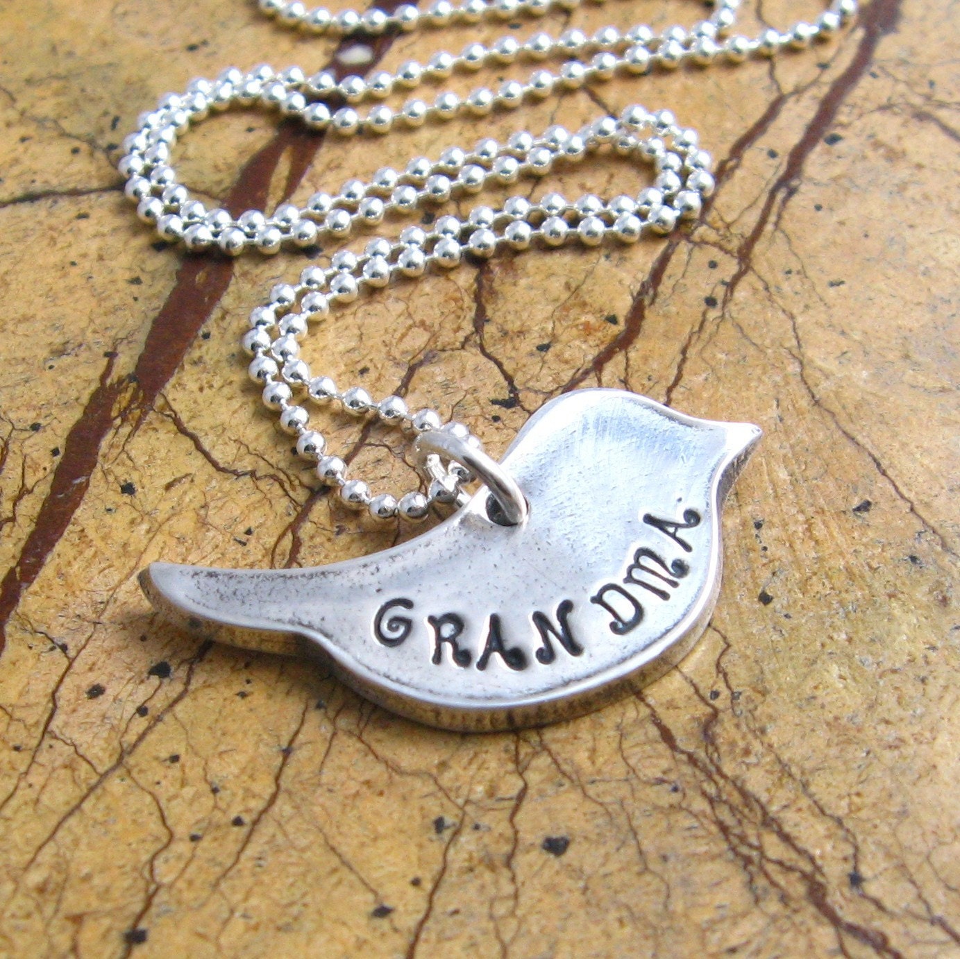 Silver Bird Necklace Grandma Personalized Necklace Hand Stamped Name Jewelry Sterling Silver Fine Silver PMC Artisan Pendant