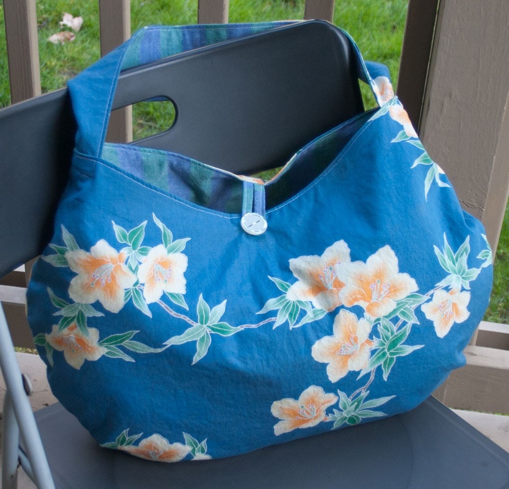 No. 414 - Hawaiian Shirt and Stripes Hobo Bag, Blue, Green, Peach, White, and BIG