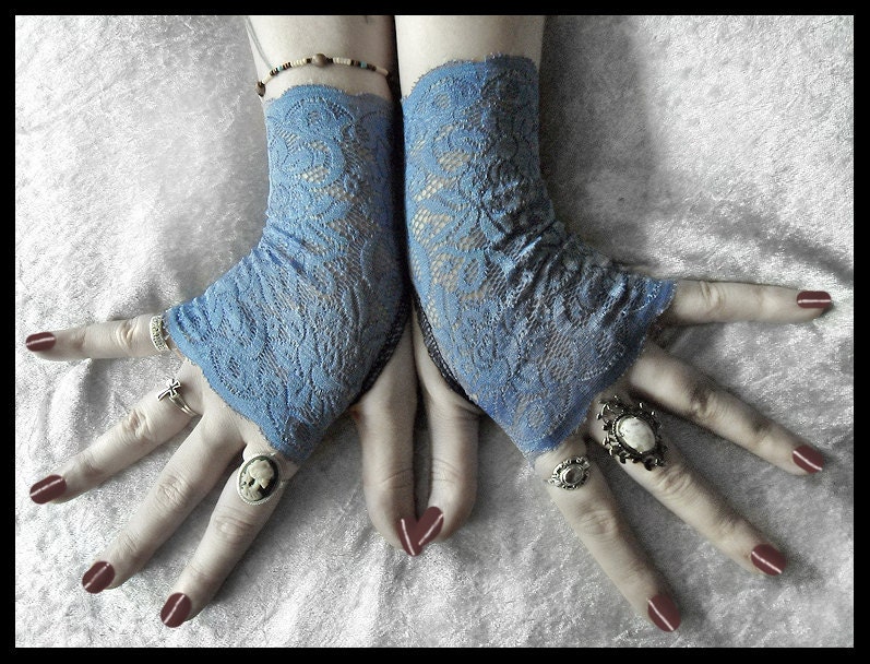 Ailis Lace Fingerless Gloves - Cornflower Alice Blue Floral - Gothic Victorian Vampire Regency Tribal Austen Tea Party Wedding Romantic