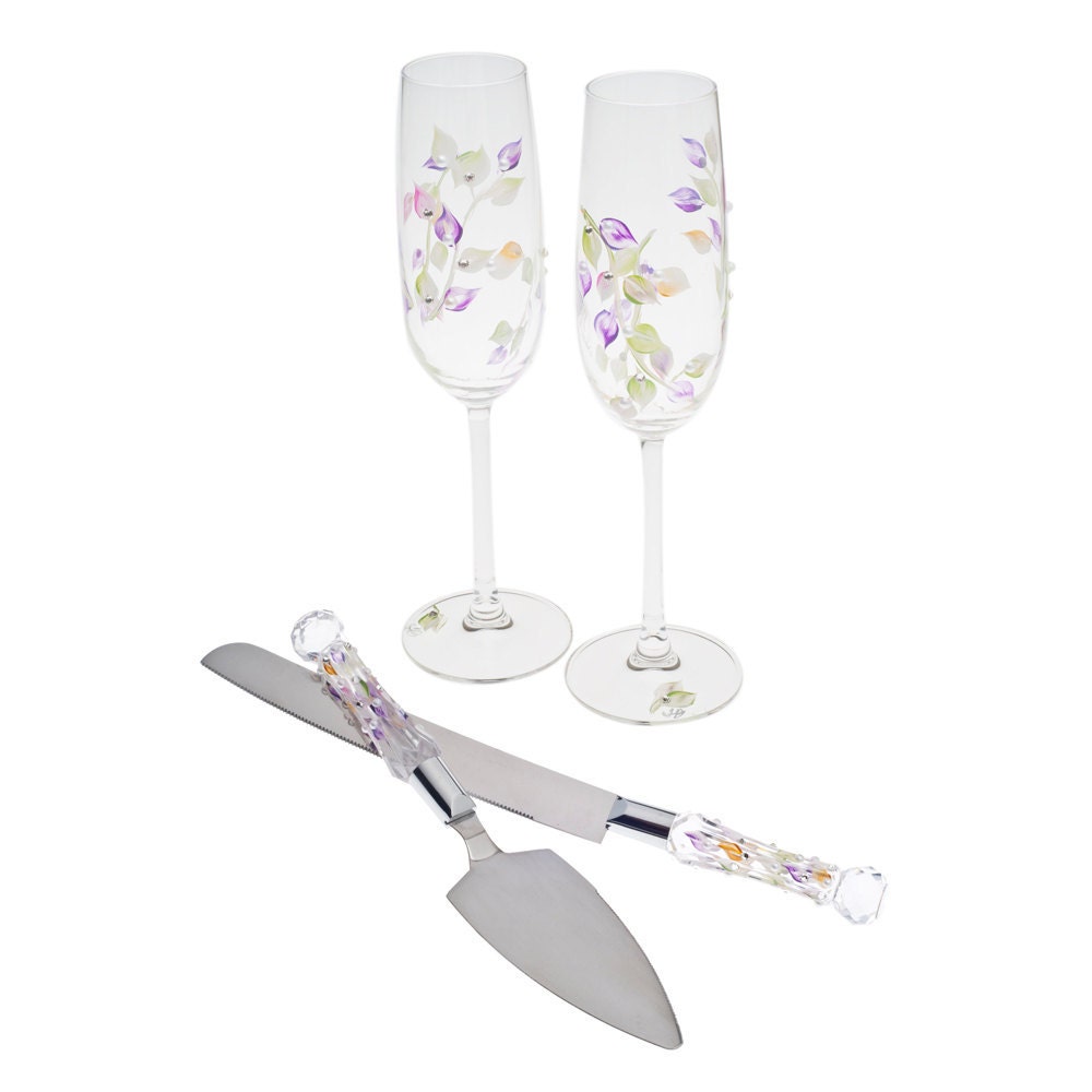 Wedding Toasting Flutes and Cake Serving Set - Hand Painted with Leaf Design