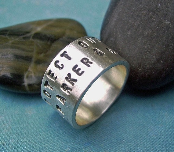 Double Lined wide Ring - sterling silver Personalized custom Hand Stamped unisex Promise or Memory Ring sizes 5 to 13 - You choose words