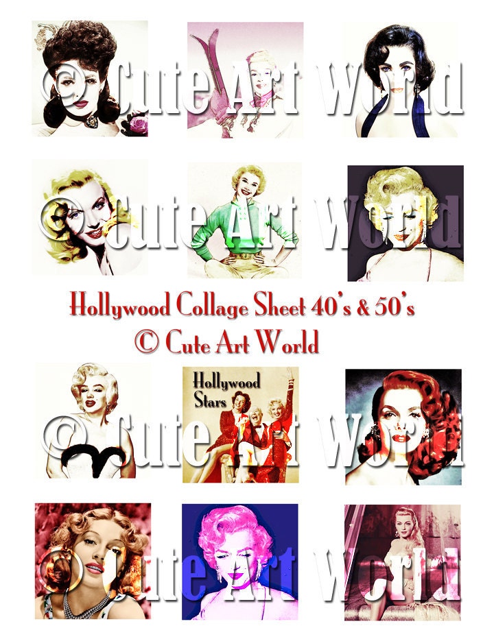 Digital Collage Sheet 2x2 inches block square Vintage Hollywood Movie Stars 40s and 50s Altered Art Card Making Scrapbooking Journals Soldered Glass Hang Tags Jewelry Making