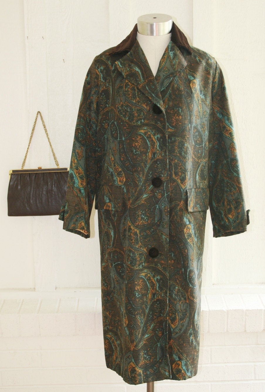 Take Good Care of Yourself, You Belong to Me - 1950's Overcoat -Raincoat - Paisly Print with Velvet Trims -   Styled by Lanson