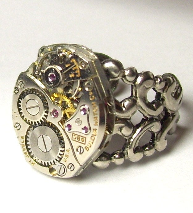 Bold Antique Silver 21 Jewel Bulova Watch Movement Filigree Adjustable Unisex NeoVictorian Steampunk Ring (A107)