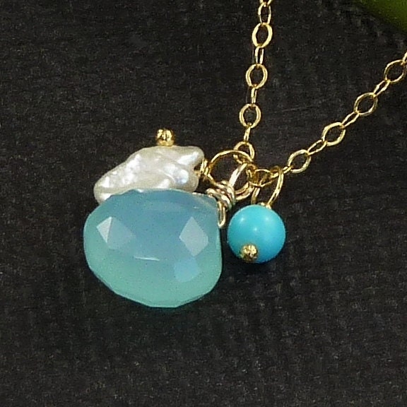 Turquoise Jewelry Chalcedony Charm Necklace Keishi Pearl Turquoise Aqua Beach Charms In Sterling Silver or 14K Gold Filled - Castaway