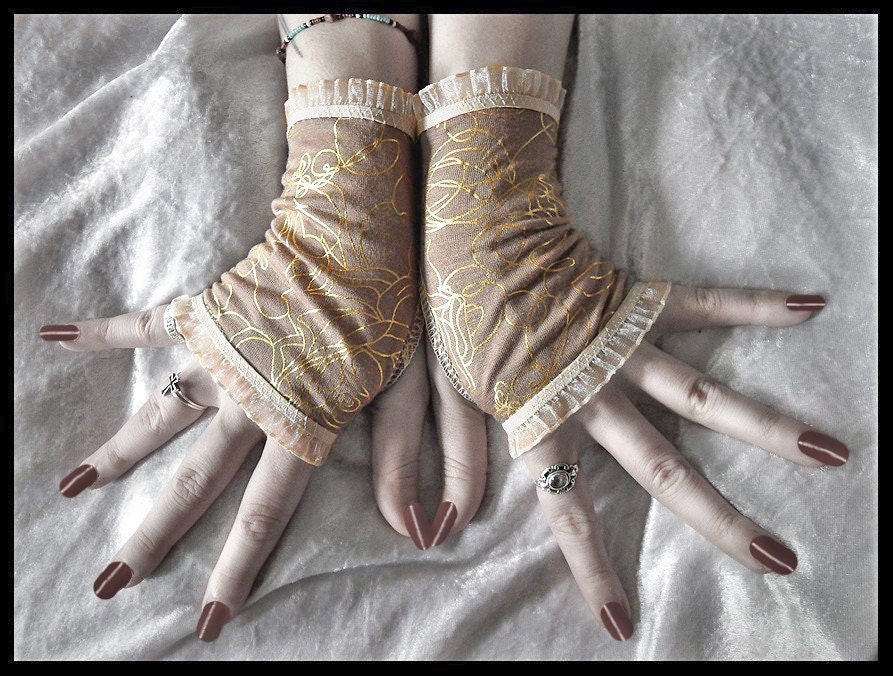 Drifter Fingerless Gloves - Tan Brown Gold Roses Ivory Cream Tea Stained - Victorian Gothic Vampire Regency Edwardian Wedding Bohemian Boho