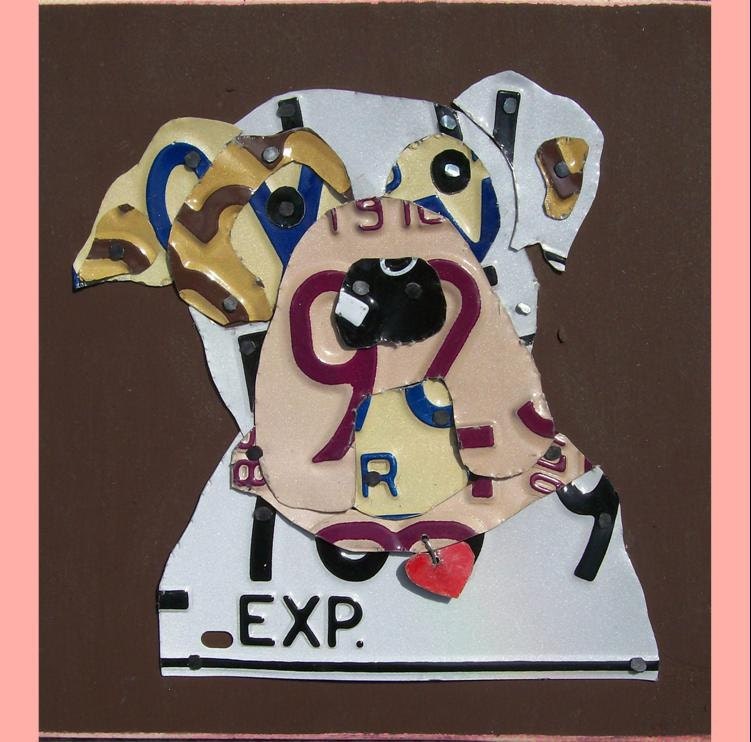 License Plate Art - Bulldog Dog Custom Love - Recycled Art Company - Salvaged Wood - Upcycled Artwork