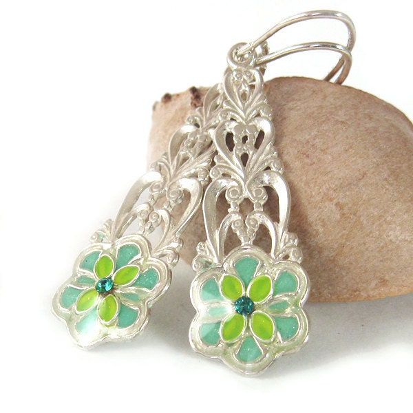 Long Floral  silver dangle Earrings -Flower in Turquoise and lime leaves colors