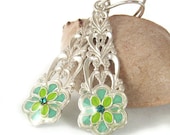 Long Floral  silver dangle Earrings -Flower in Turquoise and lime leaves colors