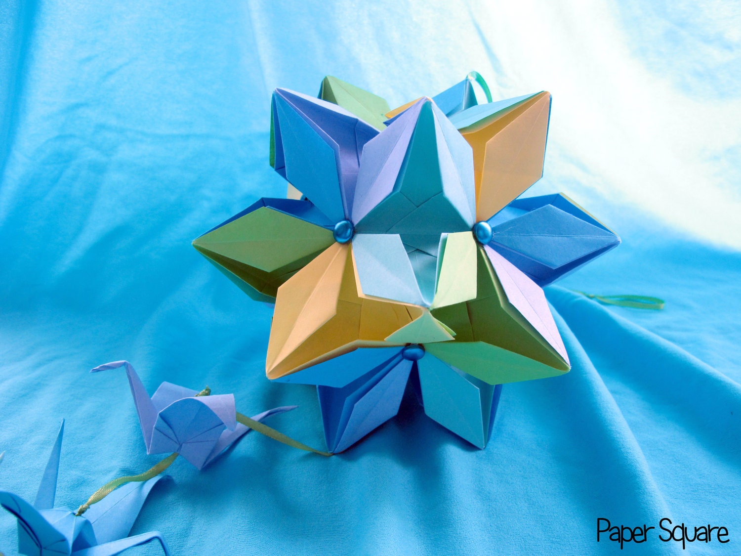 Origami Star Ball, Kusudama Ball, Blue Red and Green with Origami Cranes