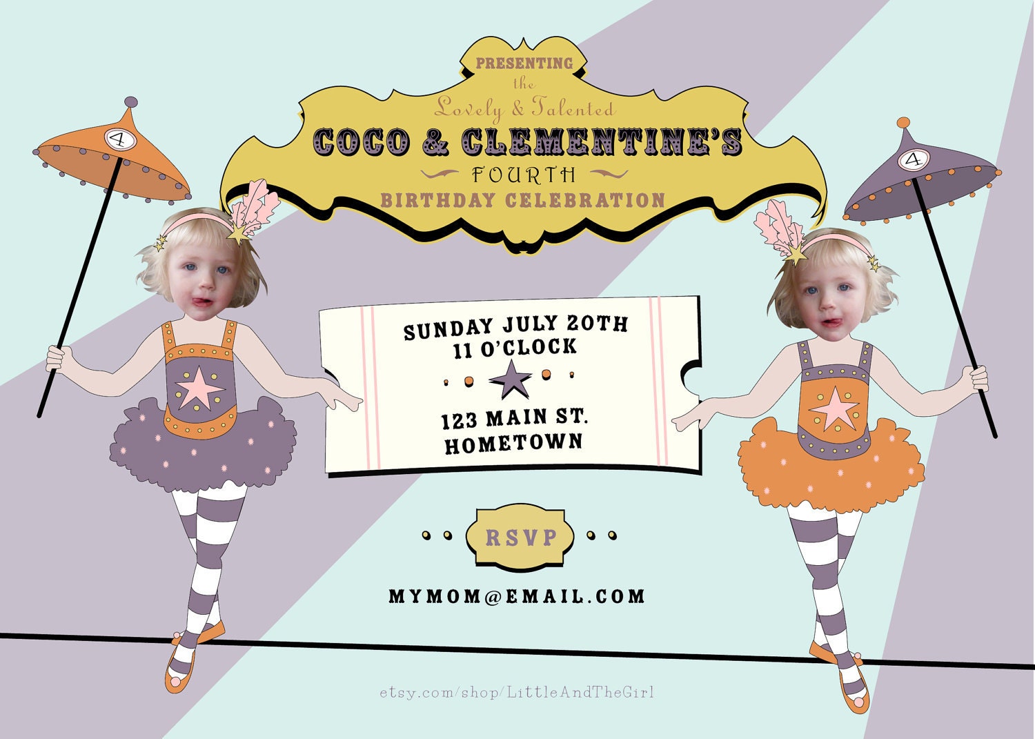 Invitation:  Custom & Printable Circus Carnival Sisters - Aqua/Lavender