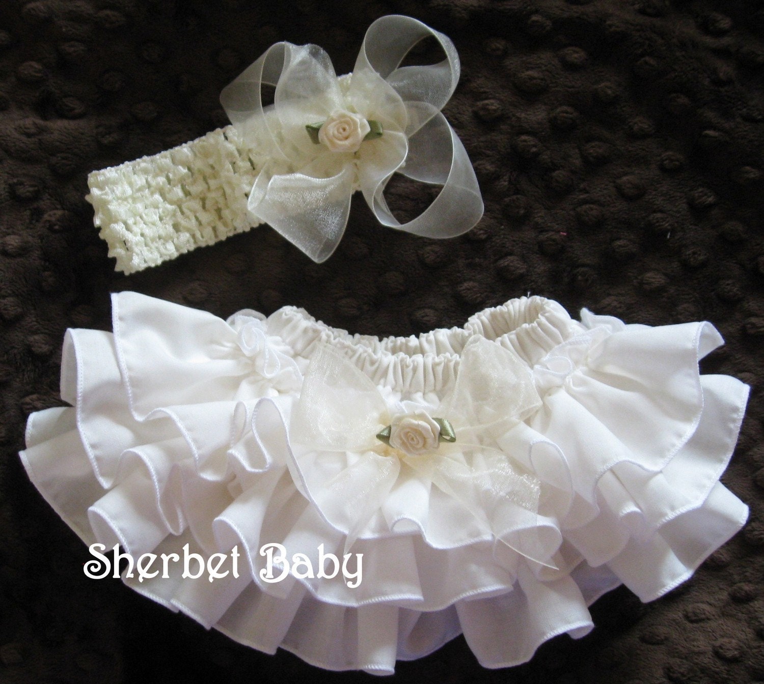 Cream / Ivory Headband Sheer Haribow and Sassy Pants Ruffle Diaper Cover Panty Bloomer