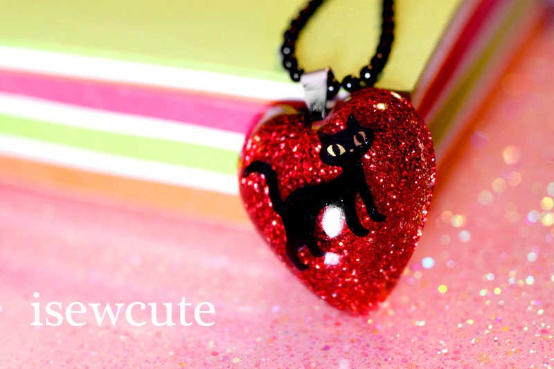 Tres Chic Love Cat Heart Shaped Ruby Red Glittery Resin Pendant Necklace with a Cute Kitty for all Cat Lovers...  by isewcute