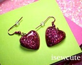 Earrings Heart Shaped Resin Glitter Dangle....Ravishing Rose Pink Sparkles... by isewcute