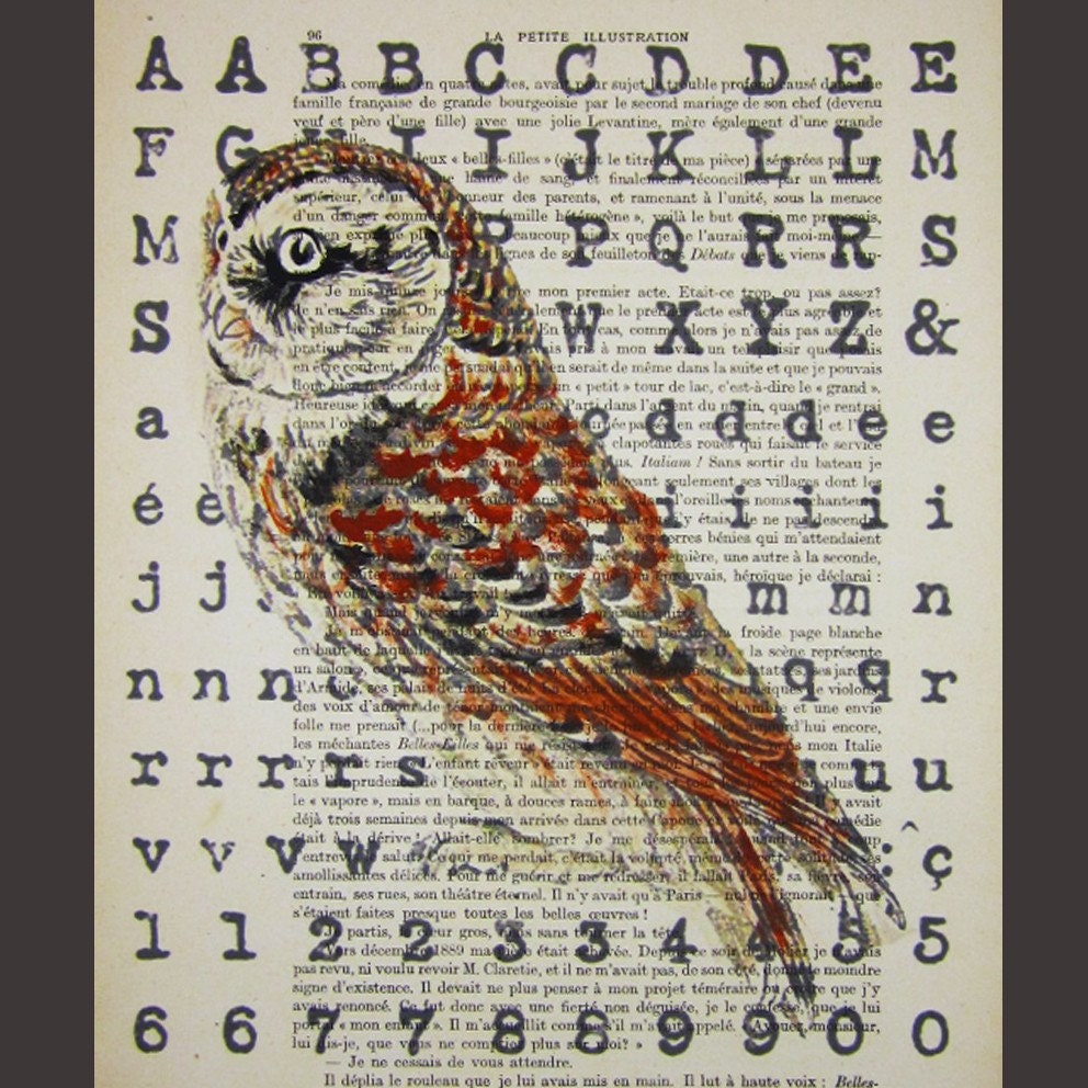 Alphabet owl- ORIGINAL ARTWORK Mixed Media, Hand Painted  on 1913 famous Parisien Magazine 'La Petit Illustration' by Coco De Paris