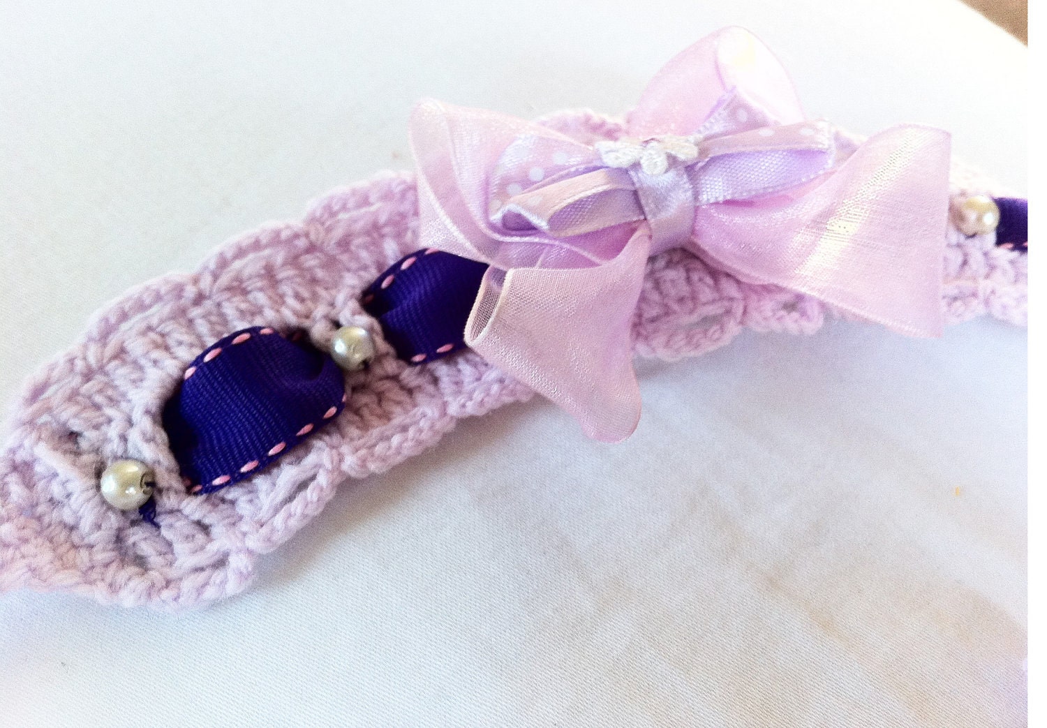 SALE. purple crochet collar with cute ribbon bow. XXSmall/XSmall