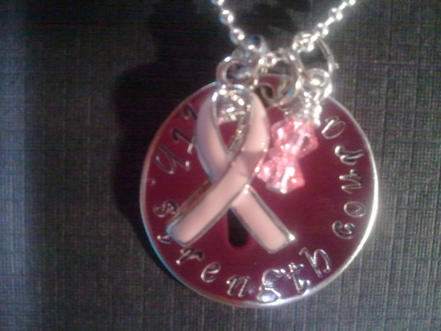 Beautiful Hand Stamped Faith Strength Courage Breast Cancer Awareness pink Ribbon Necklace Can be Personalized With Name Or Walking Team