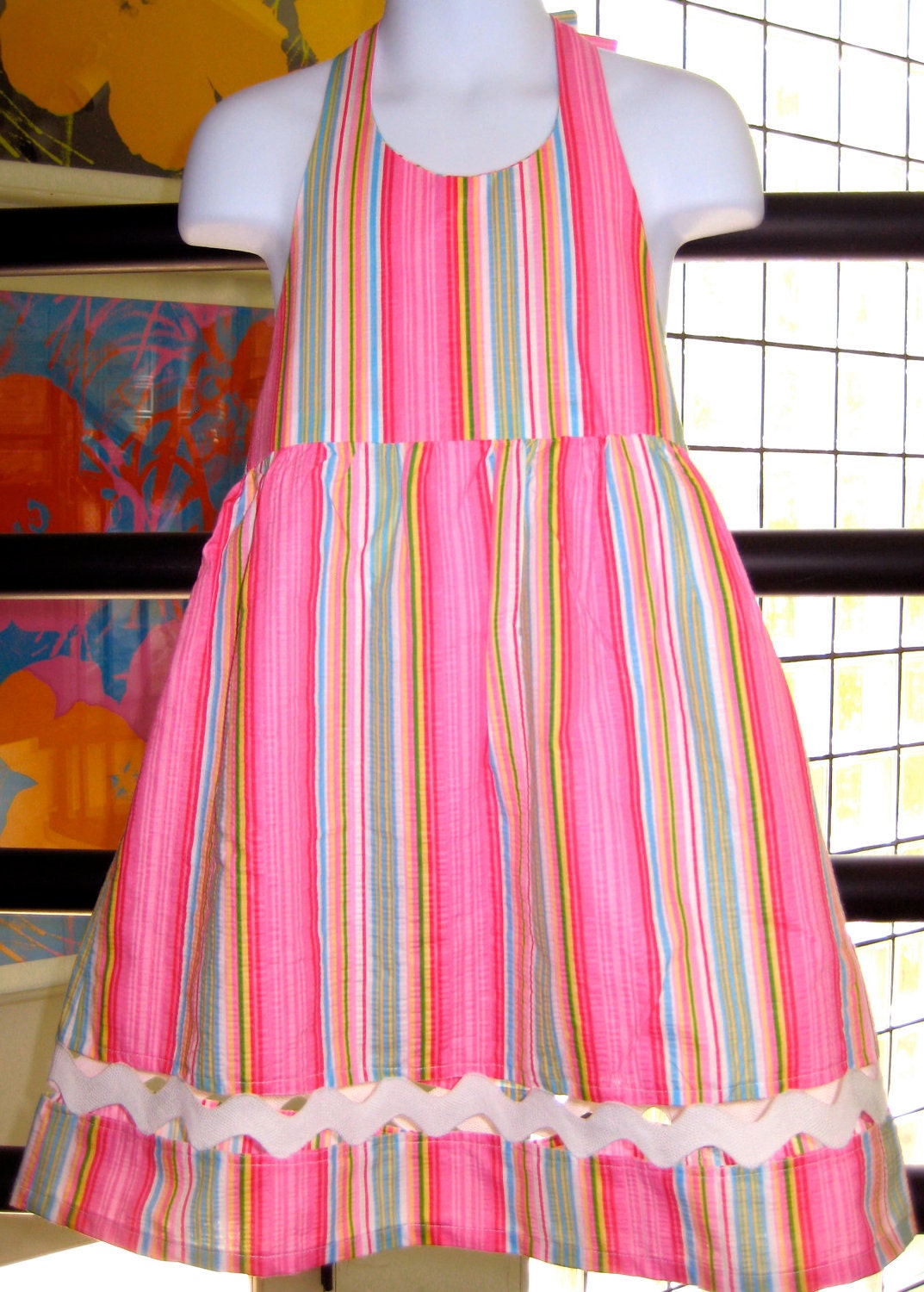 Candy Stripe Seersucker Cotton Halter Sundress, Girls Size 4