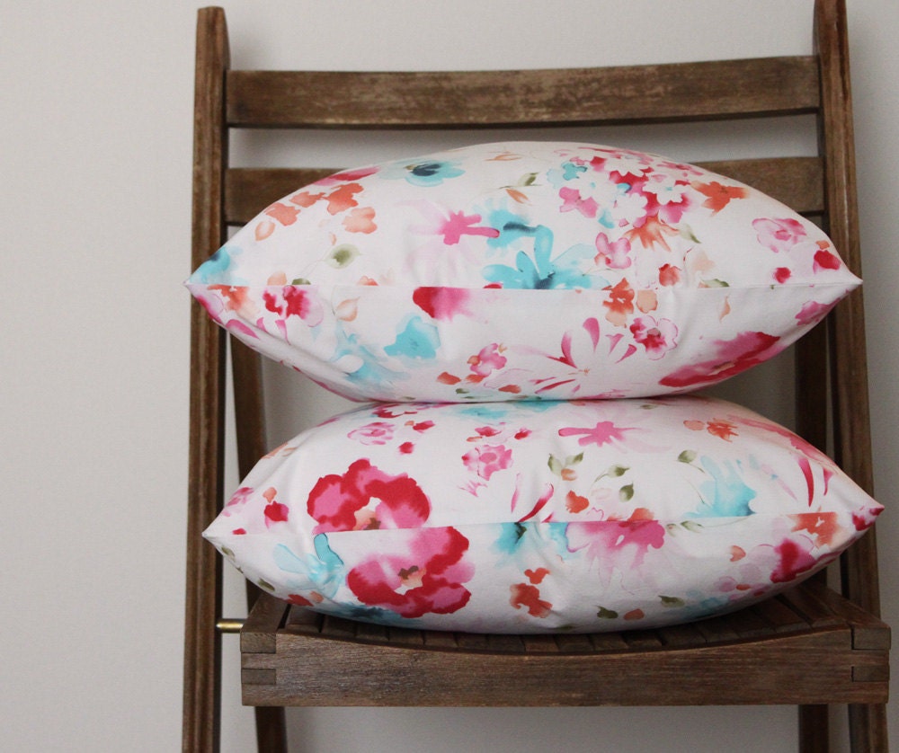 ON SALE Set of Two 16" Fabric Pillow Covers in Water Color Flowers White Cotton