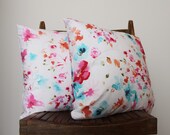 Clearance Sale Set of Two 16" Fabric Pillow Covers in Water Color Flowers White Cotton