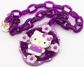 LAST ONE Huge Purple Hello Kitty Chunky Necklace with vintage faceted plastic chain Swarovski crystals and flowers