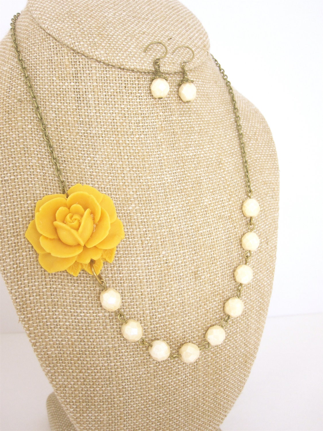Flower Necklace - Mustard Yellow Rose and Ivory Glass Beads Necklace with Matching Earrings Set