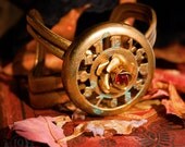 Steampunk Cuff Bracelet Flowering Time Vintage Brass Rose Red Crystal Clock Face & Vintage Deco Brass Cuff - Timeless VICTORIAN BEAUTY OOAK