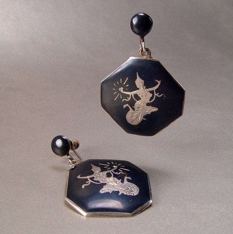 Large Siam Sterling Nielloware Mekkala Goddess Earrings Vintage 1960s Jewelry