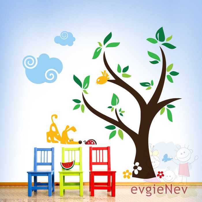 Children Wall Decal Wall Sticker Kids Decal - Curious Dog and Ladybug with Clouds and Tree - PLYR010L