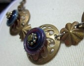 Vintage Pierced Brass with Boro Lampwork Glass Necklace - Turkish Inspired