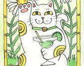 Lucky Neko Cat with Margarita Cocktail and Daisies 5 x 7 Art Print with Matching Note Card