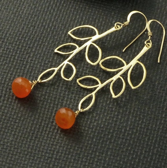 Carnelian Earrings Gold Branch Leaf  - Orange Tangerine - Handmade Winter Fashion
