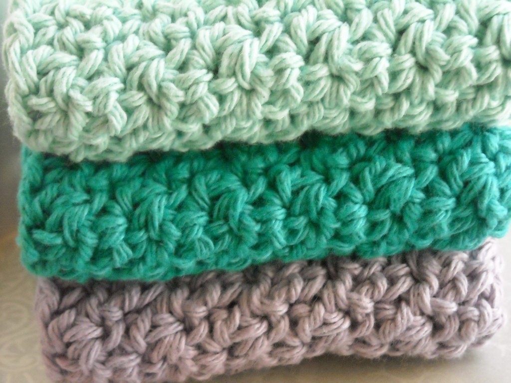 Washcloths Face Cloths Crochet Cotton Teal, Aqua, Lilac Purple Spa Color Collection Set of 3