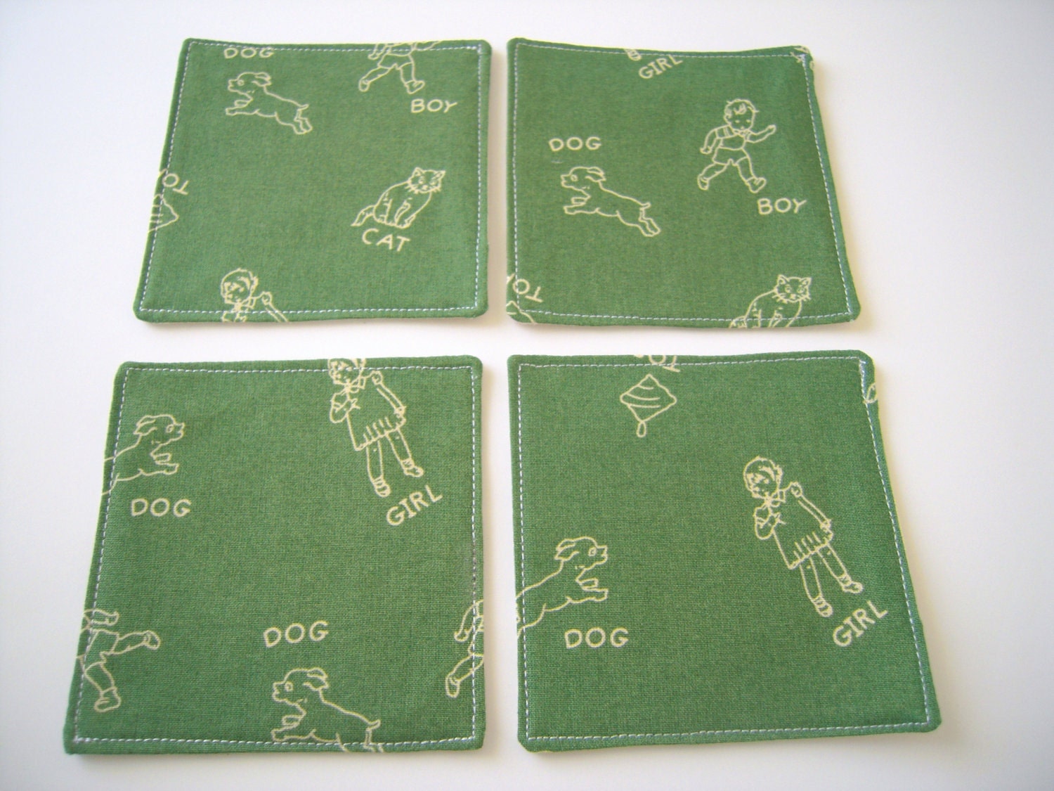 Set of Boy,Girl,Cat And Dog Coasters/Green