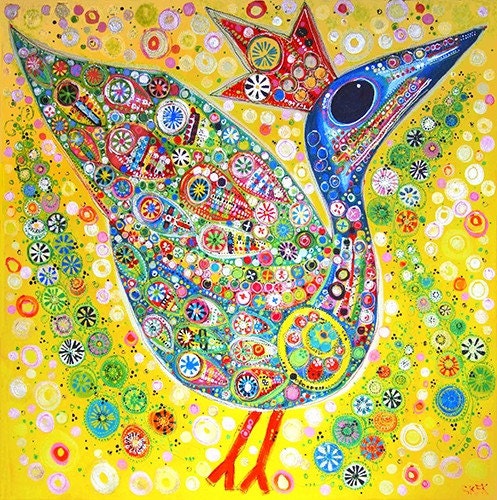 Yellow Bird with Flowers -- Print on Stretched Canvas
