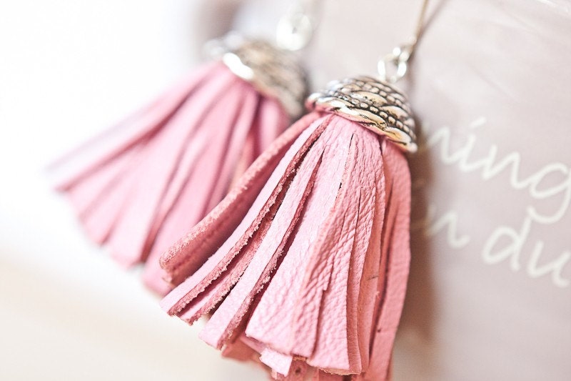 Tassel Leather Earrings Baby Pink Fringe Silver boho bohemian long sexy dangly glam rose