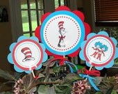 Dr. Seuss Cat in the Hat Birthday Sign Centerpieces for Birthday Party or Baby Shower