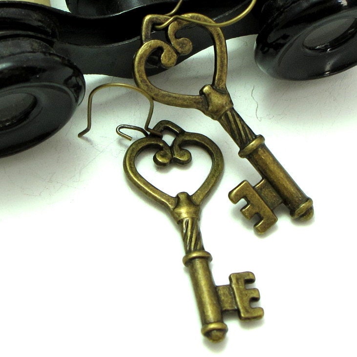 Key Steampunk Earrings Antique Brass Ear Wires Designed by Mystic Pieces