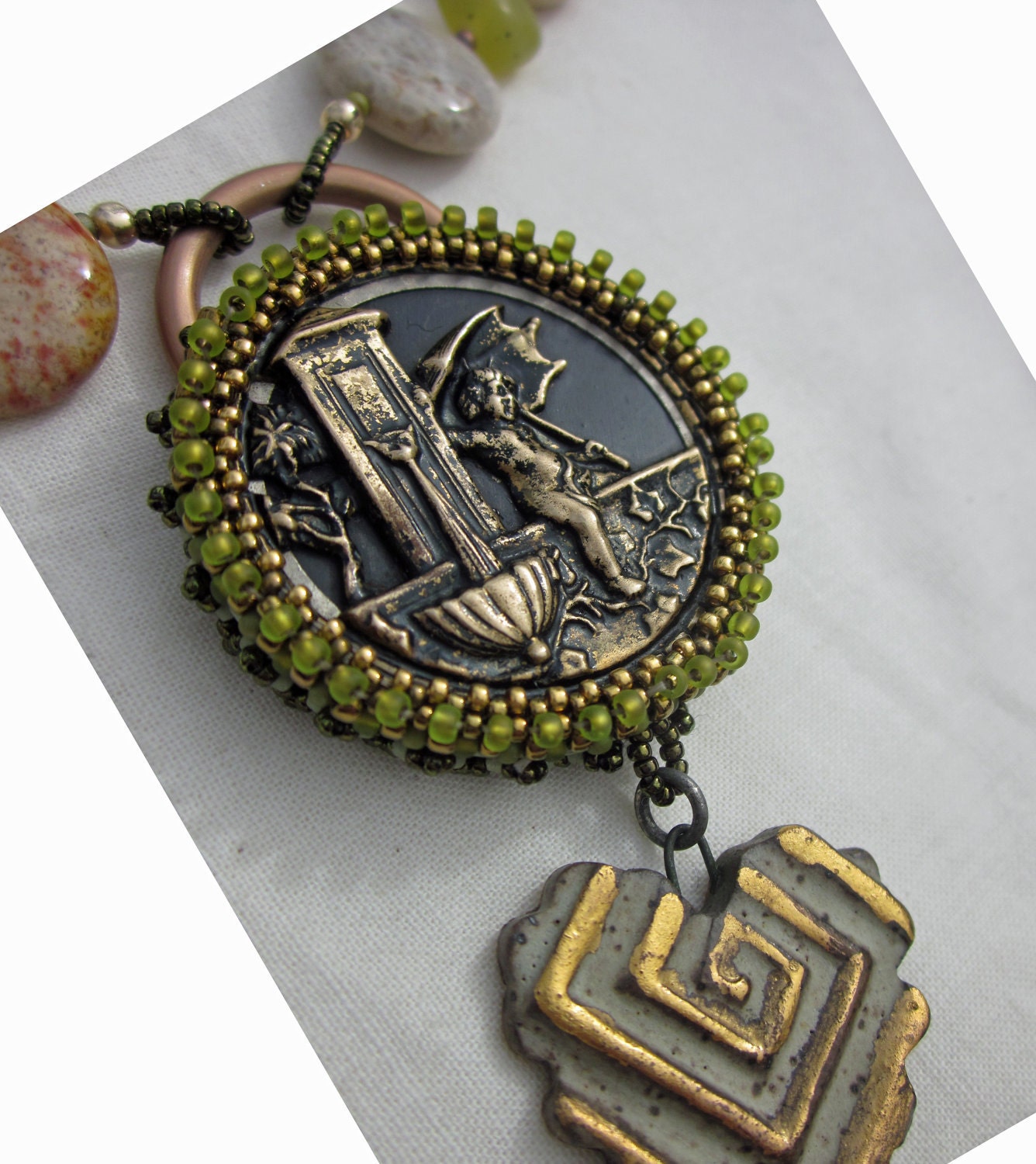 Garden inspired Statement Necklace - Green and Cream Mixed Media