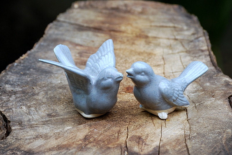 Ceramic bird Wedding  cake toppers in blue spotted gray