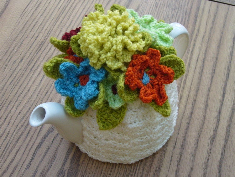 4-6 Cup Crochet Tea Cosy/ Tea Cozy/ Cosy/ Cozy  - Cream with flowers (Made to order)