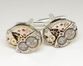 Steampunk cufflinks antique silver Bulova watch movements gears ruby Watch jewerly wedding vintage mens cuff links by Steampunk Nation 1446